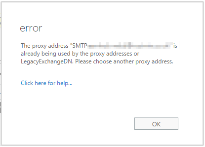 Screenshot of Exchange Proxy Address error