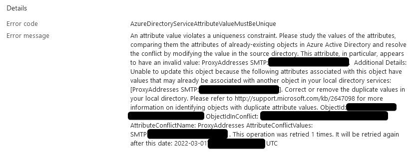 Error code: AzureDirectoryServiceAttributeValueMustBeUnique